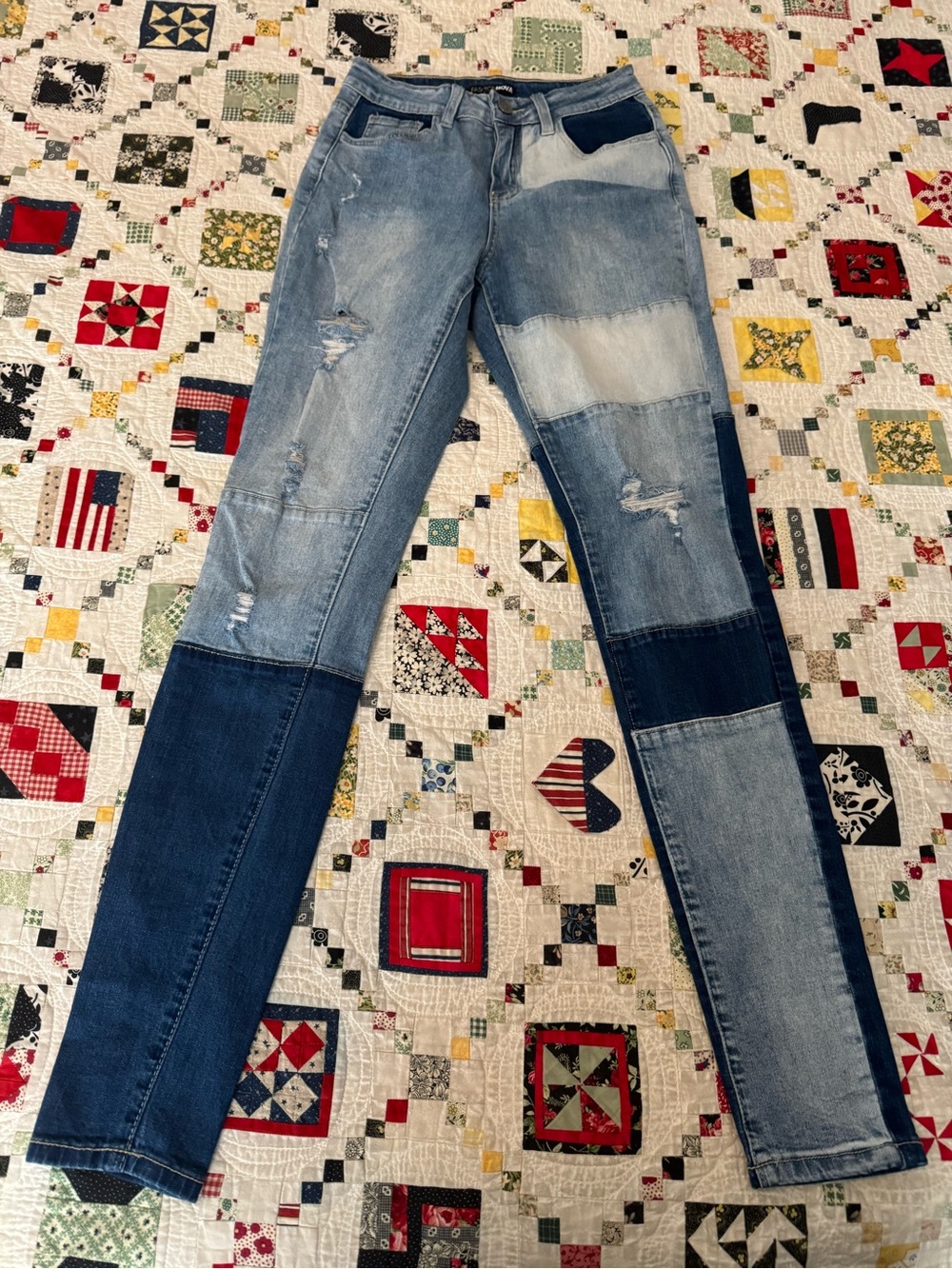 Fashion Nova Women's Patchwork Skinny Jeans in Light and Dark Blue